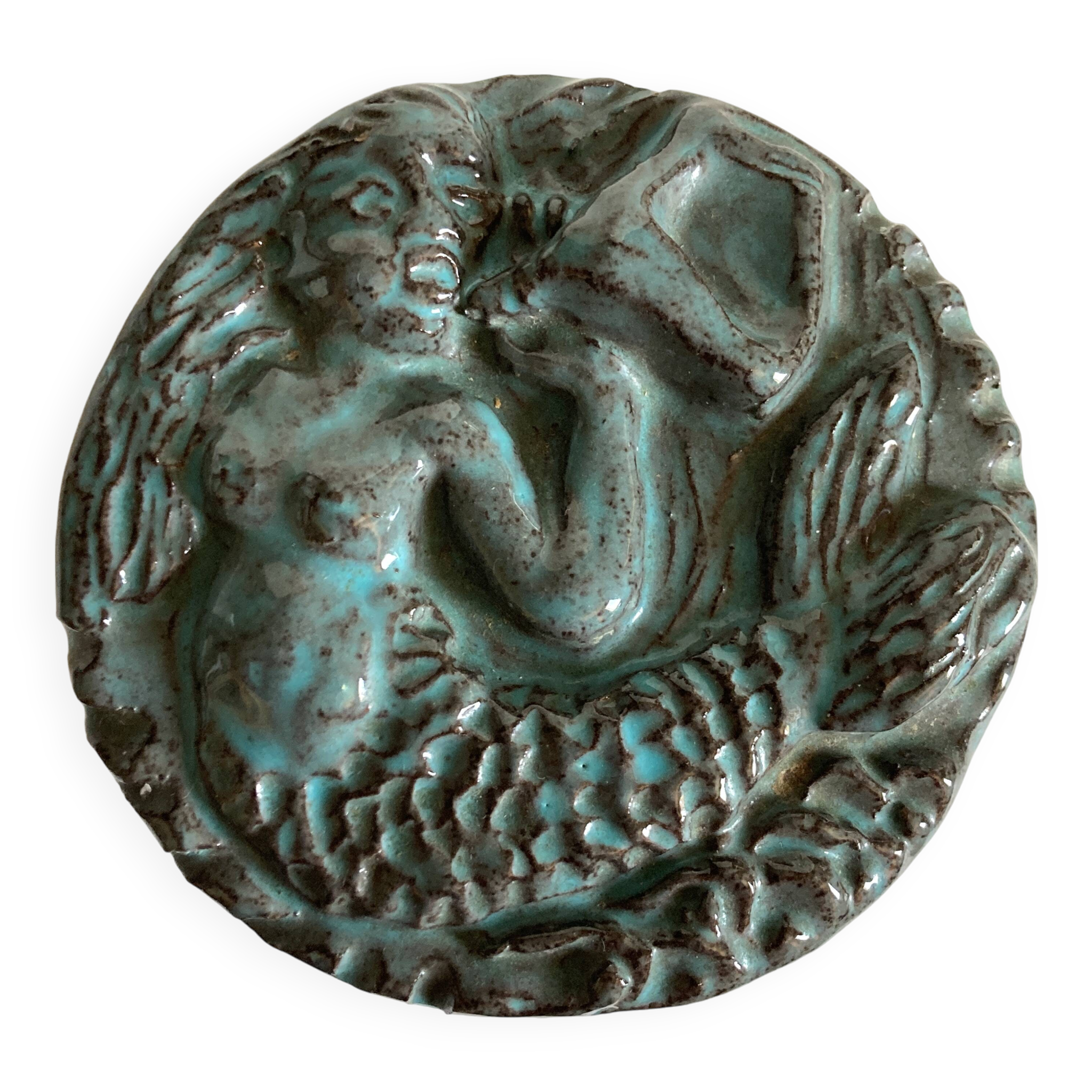 Boîte bonbonnière en céramique (grès) émaillée vert-bleu à décor d'une sirène Mi XXème