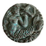 Green-blue enameled ceramic (stoneware) candy box with mermaid decoration, mid-20th century