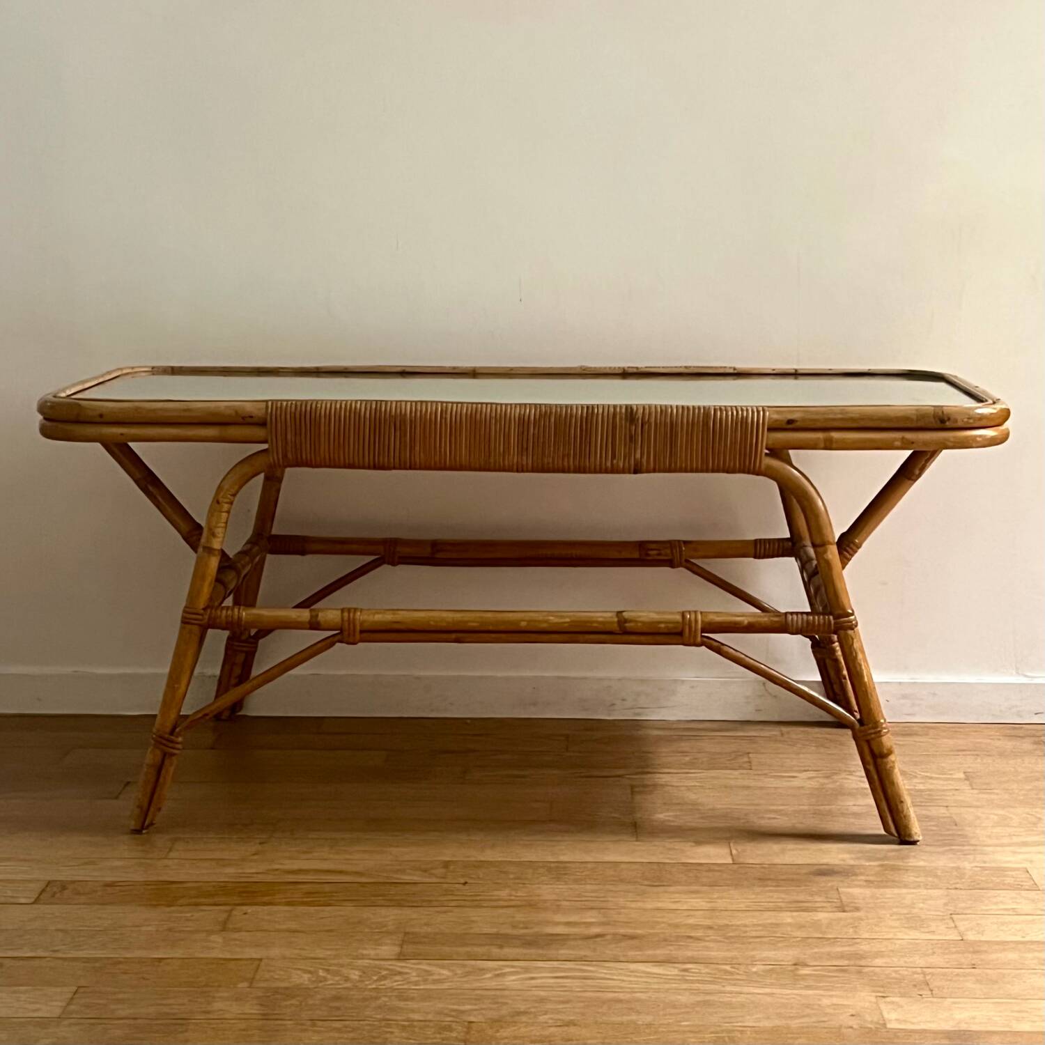 Coffee table, rattan mirror top 60s