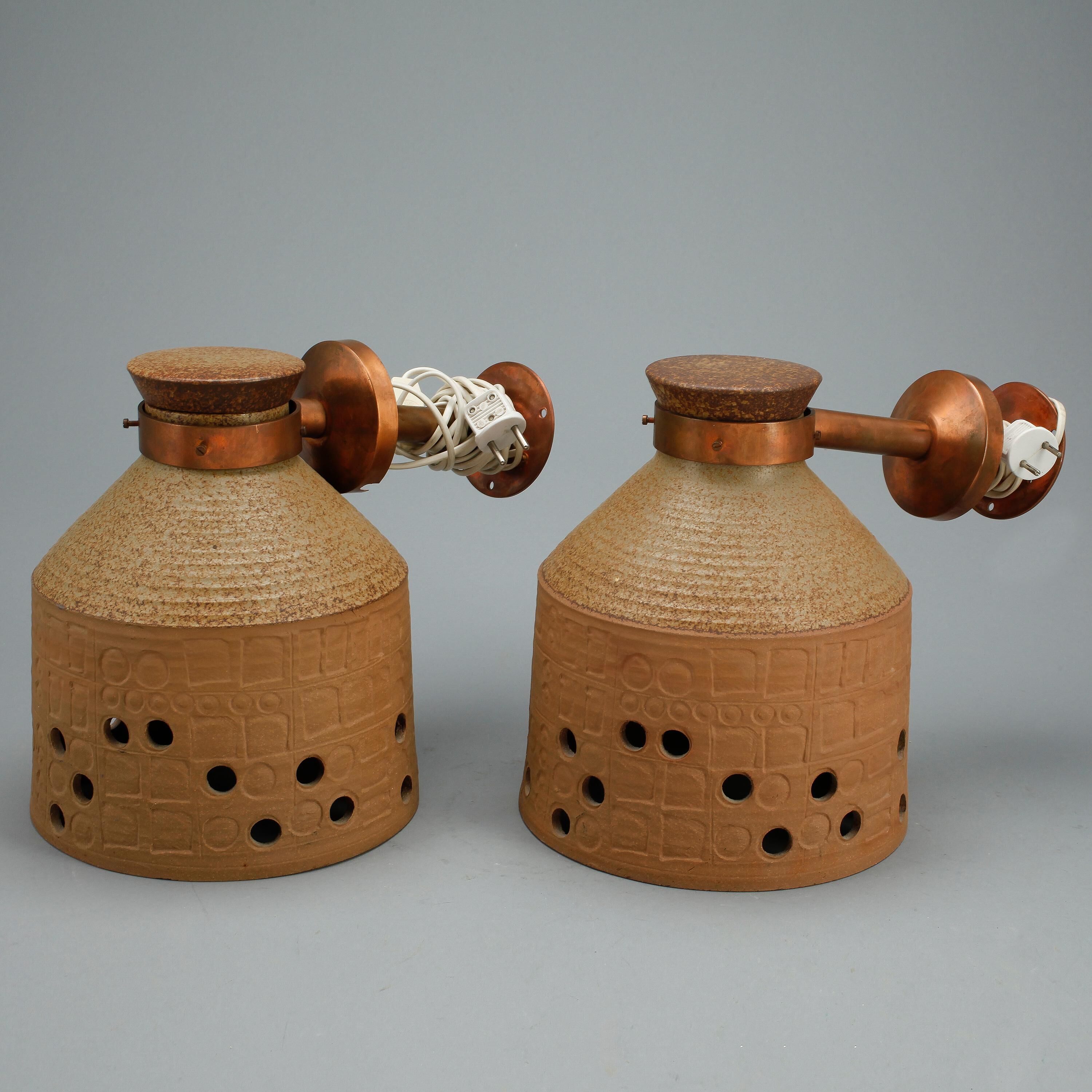 Unique ceramic and copper wall lights by Lisa Larson, Studioarbete Gustavsberg, Sweden, 1960.
