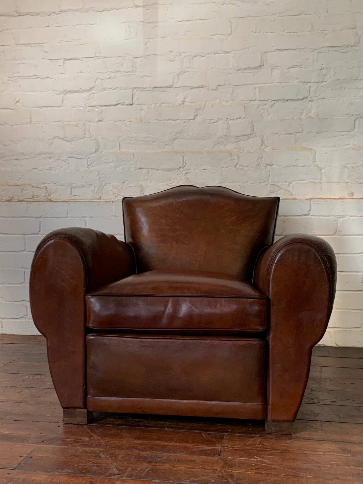 French Leather Club Chair, Havana Mustache Model, with Cuban Cigar Arms, Circa 1930's