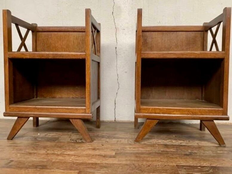 Paire de chevets vintage en chêne clair années 1950 pieds compas