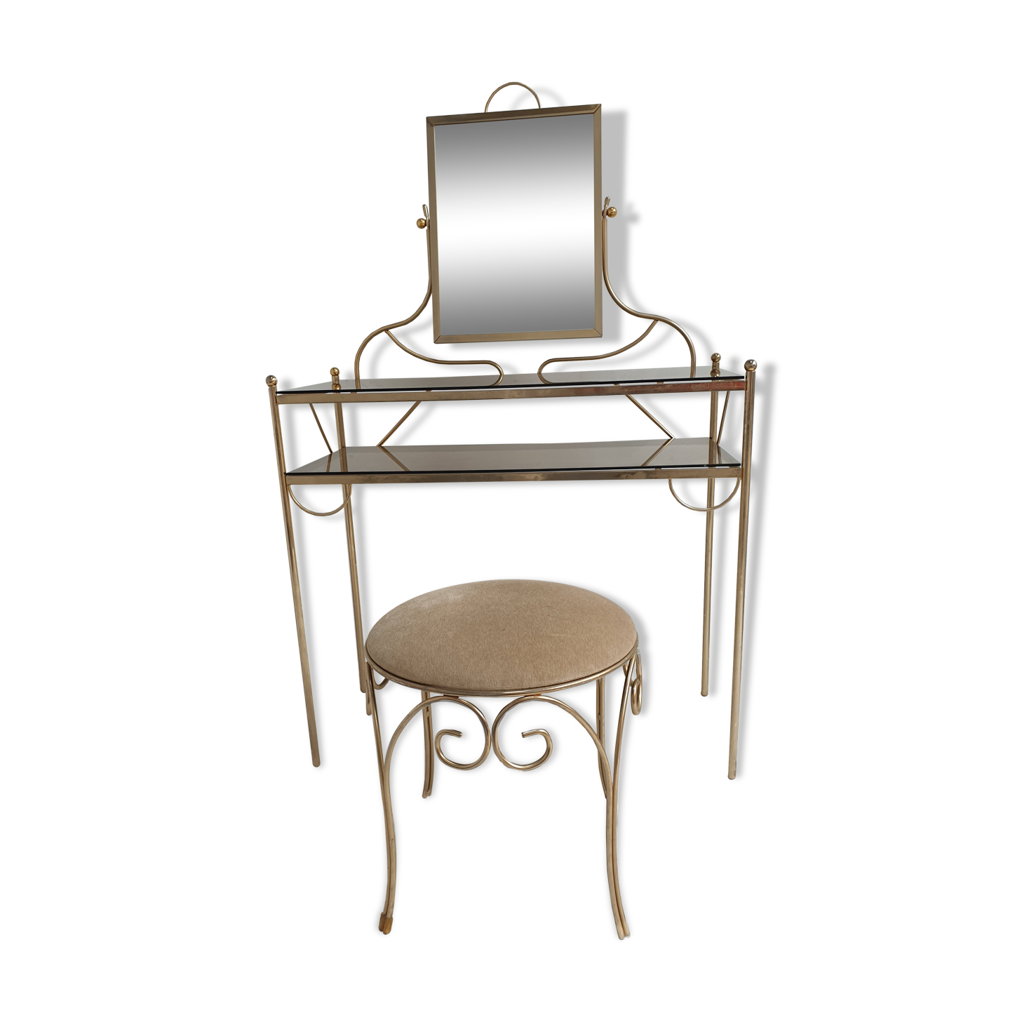 Vintage hairdresser 1950s brass and glass with mirror and matching seat