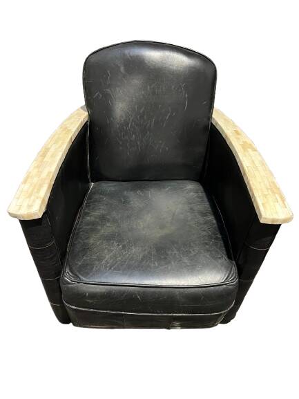 Pair of leather armchairs with marquetry armrests
