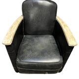 Pair of leather armchairs with marquetry armrests