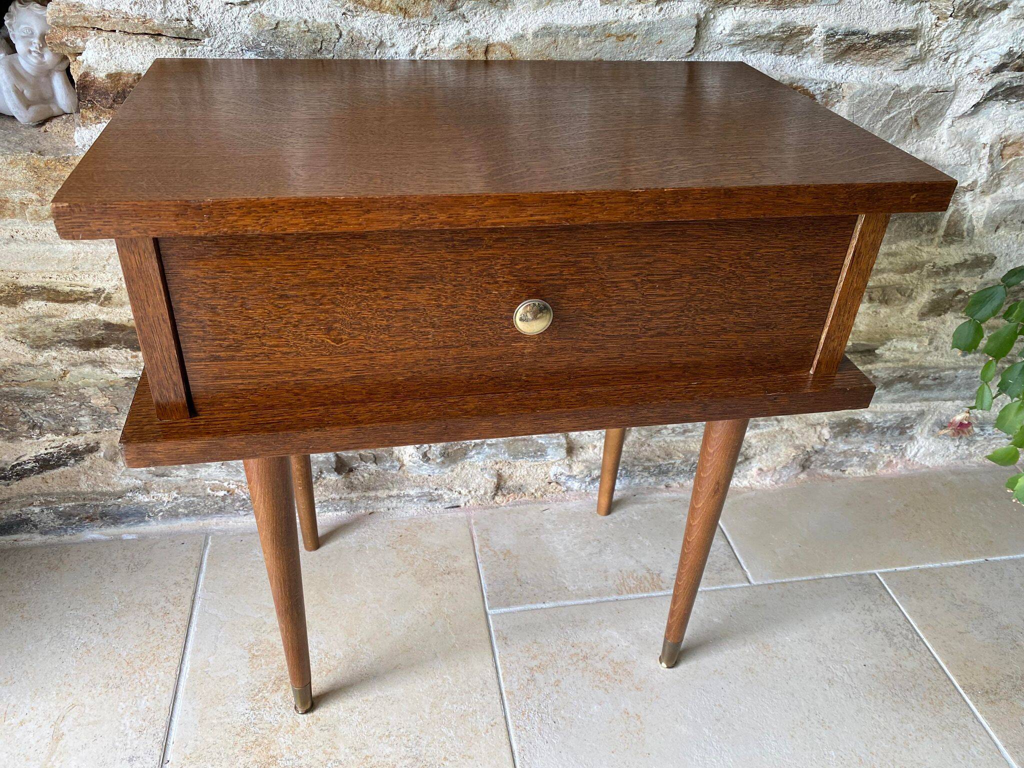 60s bedside table varnished wood compass feet