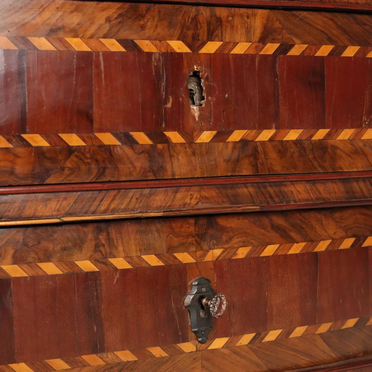 Antique drop-leaf cabinet in various types of wood, Italy, 18th century.