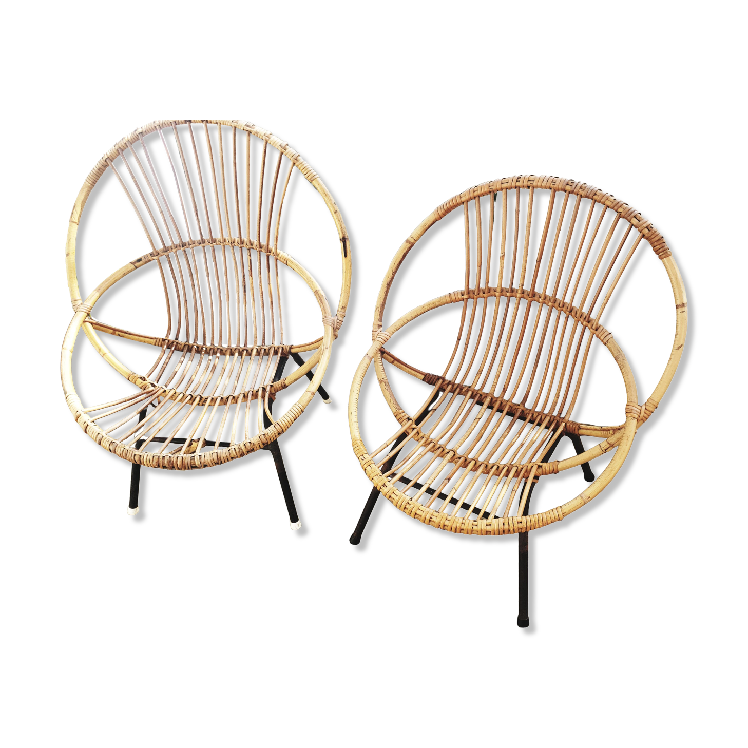2 rattan shell armchairs, metal legs year 50
