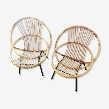 2 rattan shell armchairs, metal legs year 50