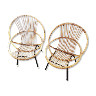 2 rattan shell armchairs, metal legs year 50