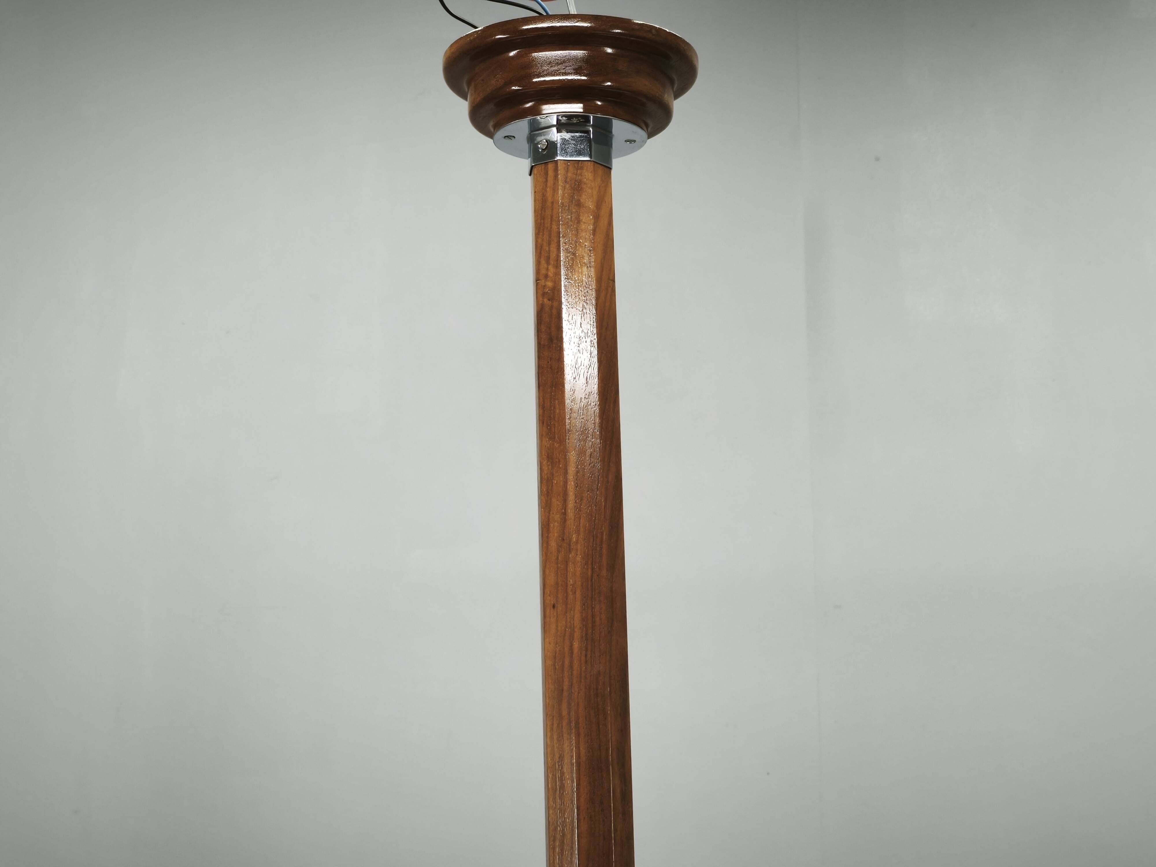 Czech Art Deco Walnut, Chrome and Opaline Glass Chandelier, 1930s