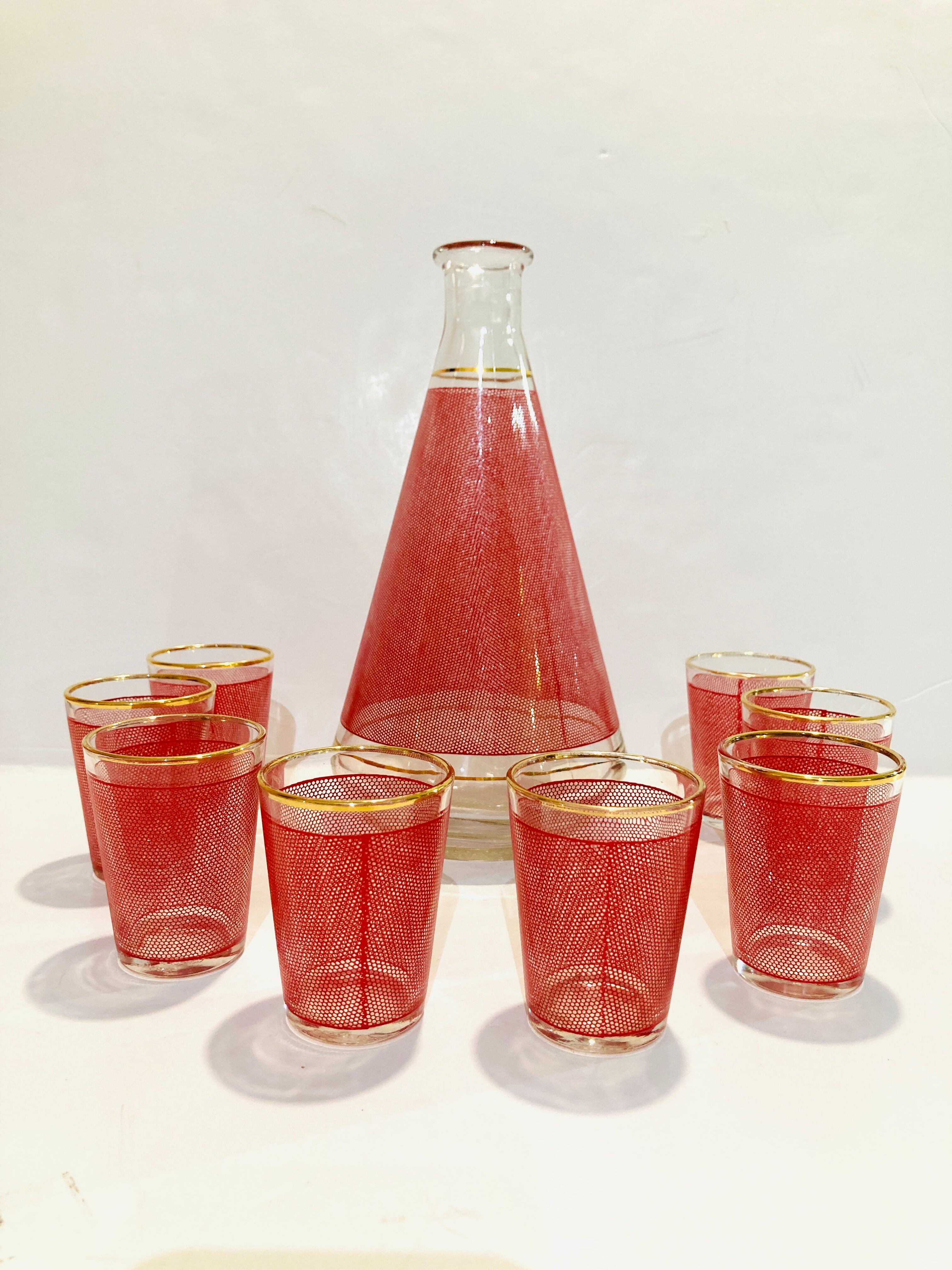 Set red liquor 1 carafe + 8 glasses Bvb France -retro cuisine vintagz