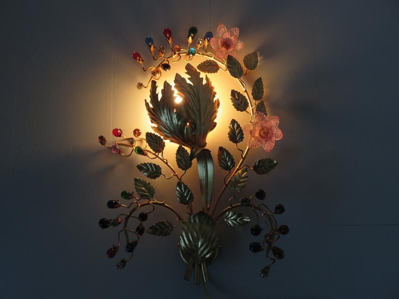 Wall light flower Hans Kogl in gold metal and pearls 70s