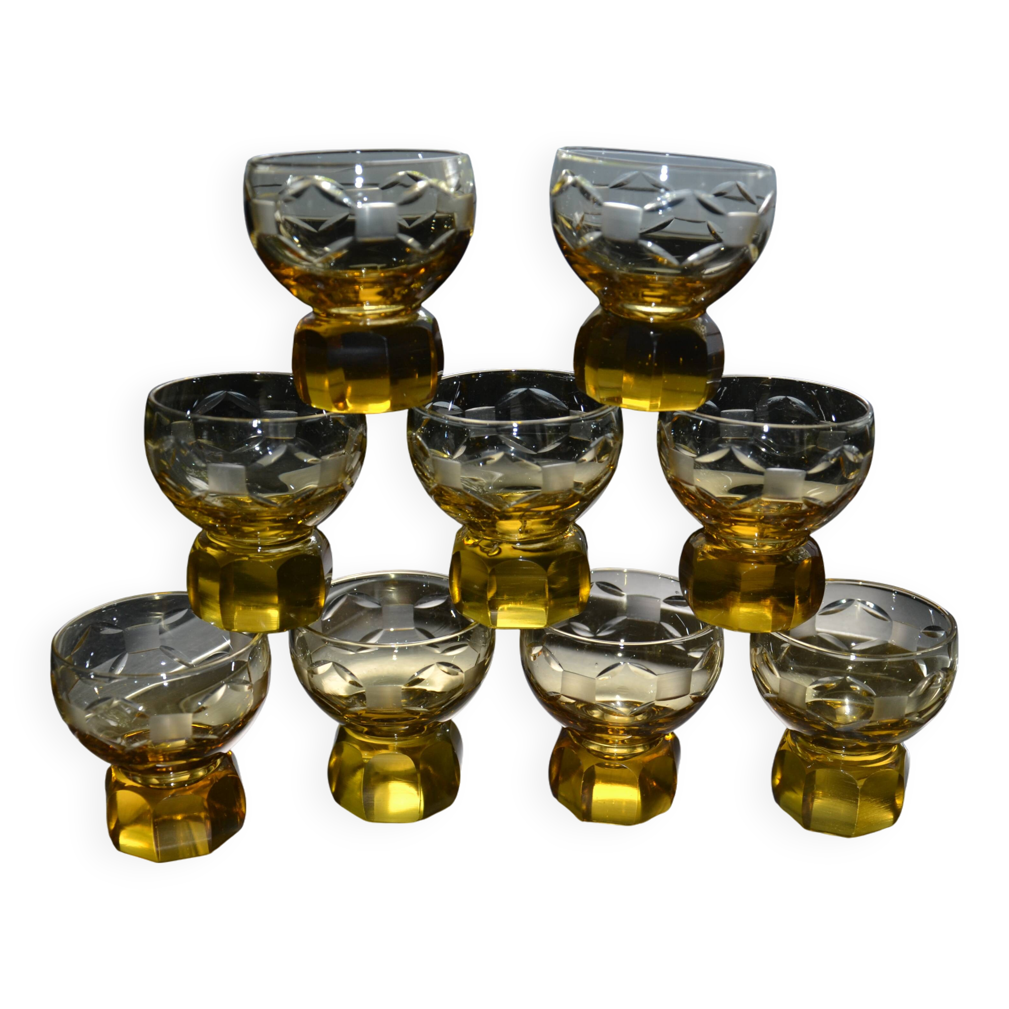 9 small amber art deco glasses