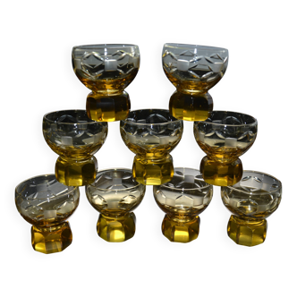9 small amber art deco glasses
