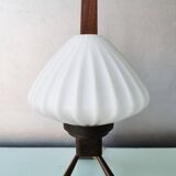 Vintage wooden tripod lamp with pleated glass lampshade, 1970