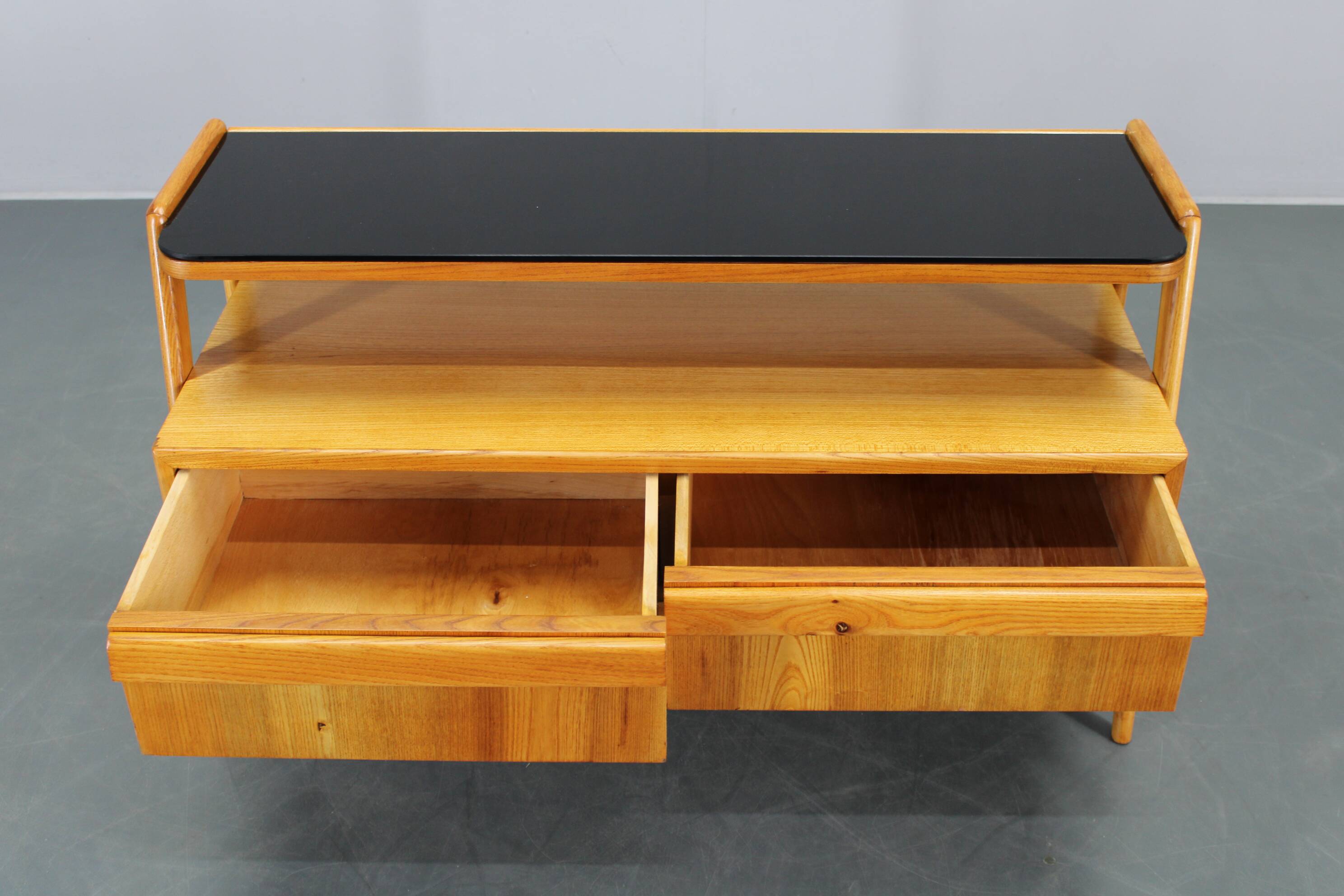 1960s Czechoslovakian Maple TV Rack with Drawers and Glass Top