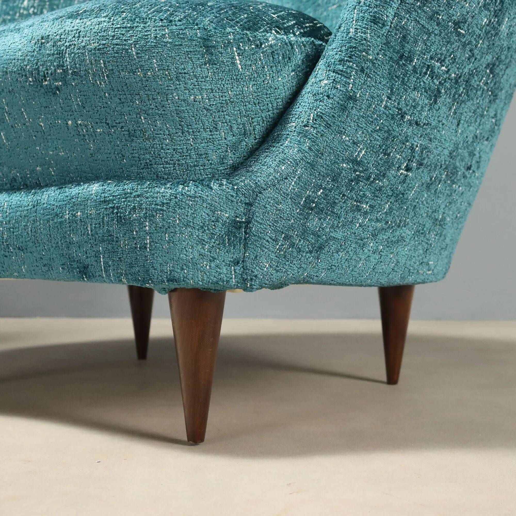 Pair of vintage armchairs in blue fabric and beech, Italy, 1950s