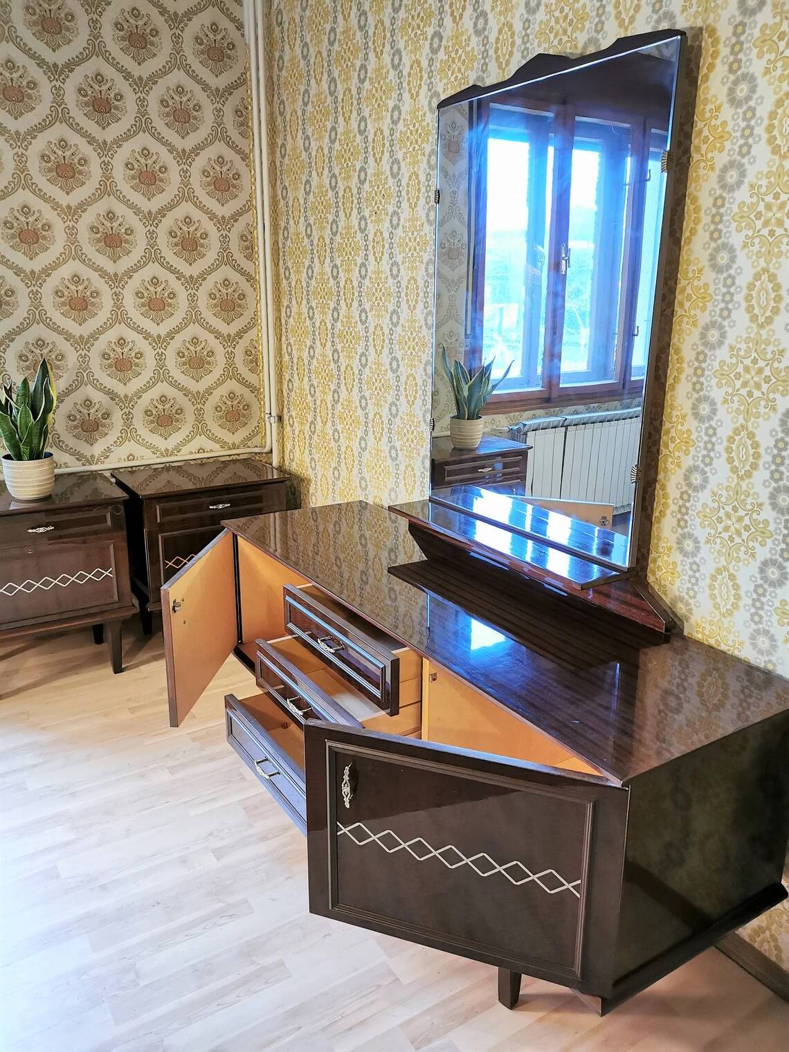 Mid-Century Wooden Dresser Sideboard with Detachable Mirror: 1970s Vintage