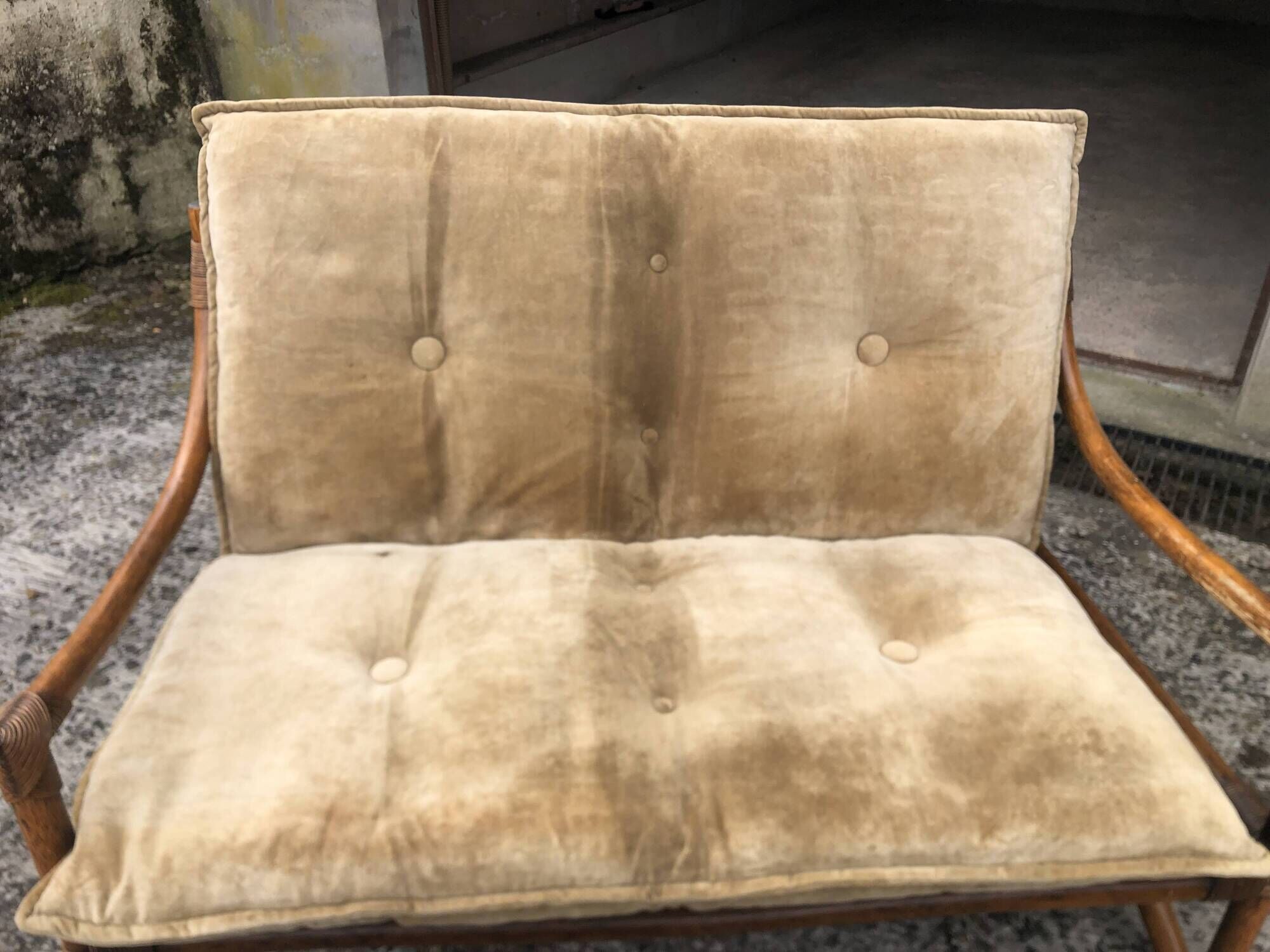 2-seater rattan sofa with vintage velvet cushions from the 70s