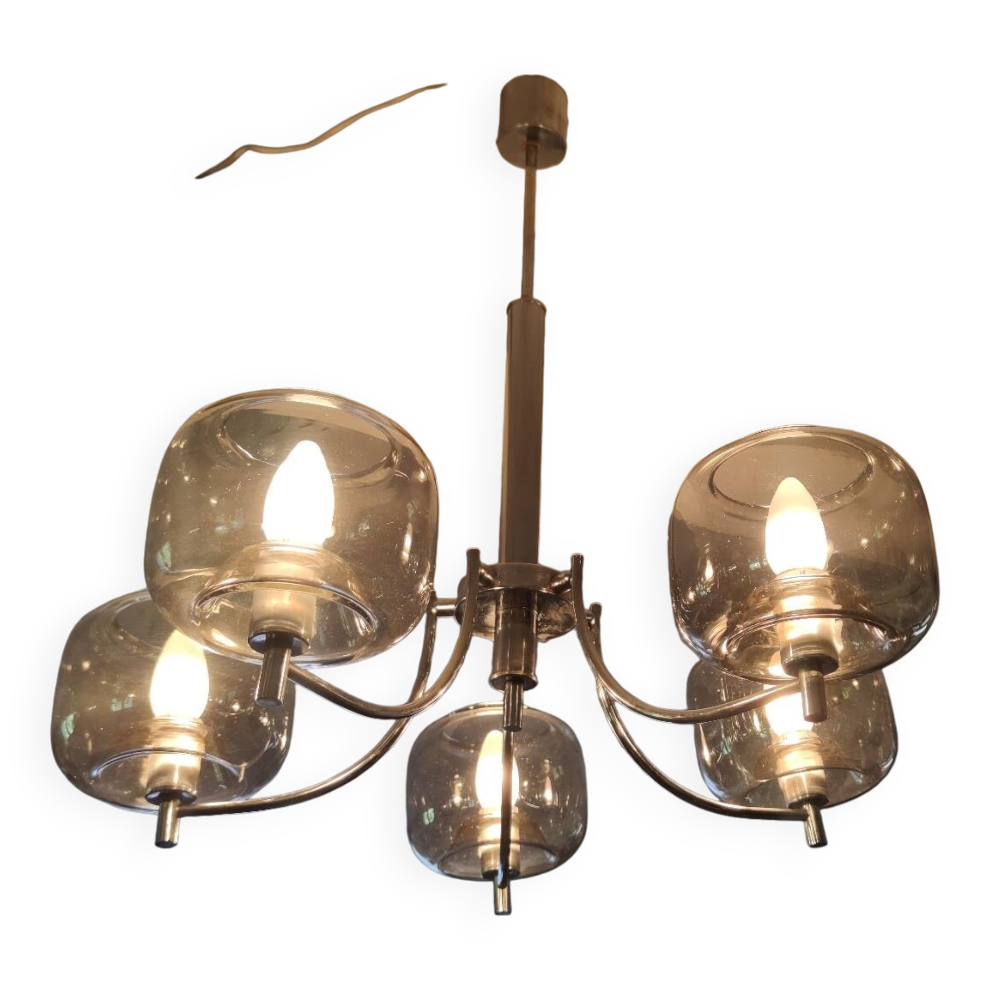 70s chandelier, smoked glass globe, 5 lights