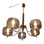 70s chandelier, smoked glass globe, 5 lights
