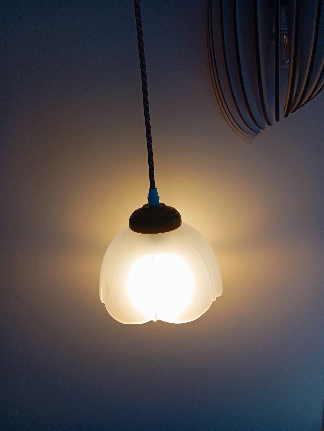 Vintage white frosted corolla glass pendant light, orange pixel cord