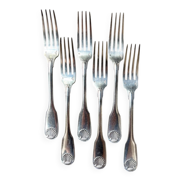 6 fourchettes Christofle en métal argenté, décor coquille