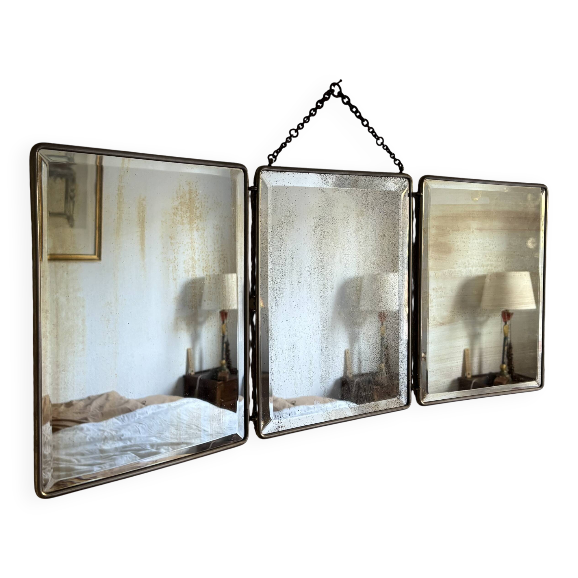 Vintage 1930s triptych barber mirror in black faux crocodile leather - 33 x 84 cm