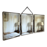 Vintage 1930s triptych barber mirror in black faux crocodile leather - 33 x 84 cm