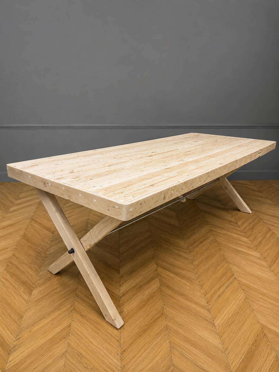 Very large industrial design table / sandblasted solid wood / L 242 cm