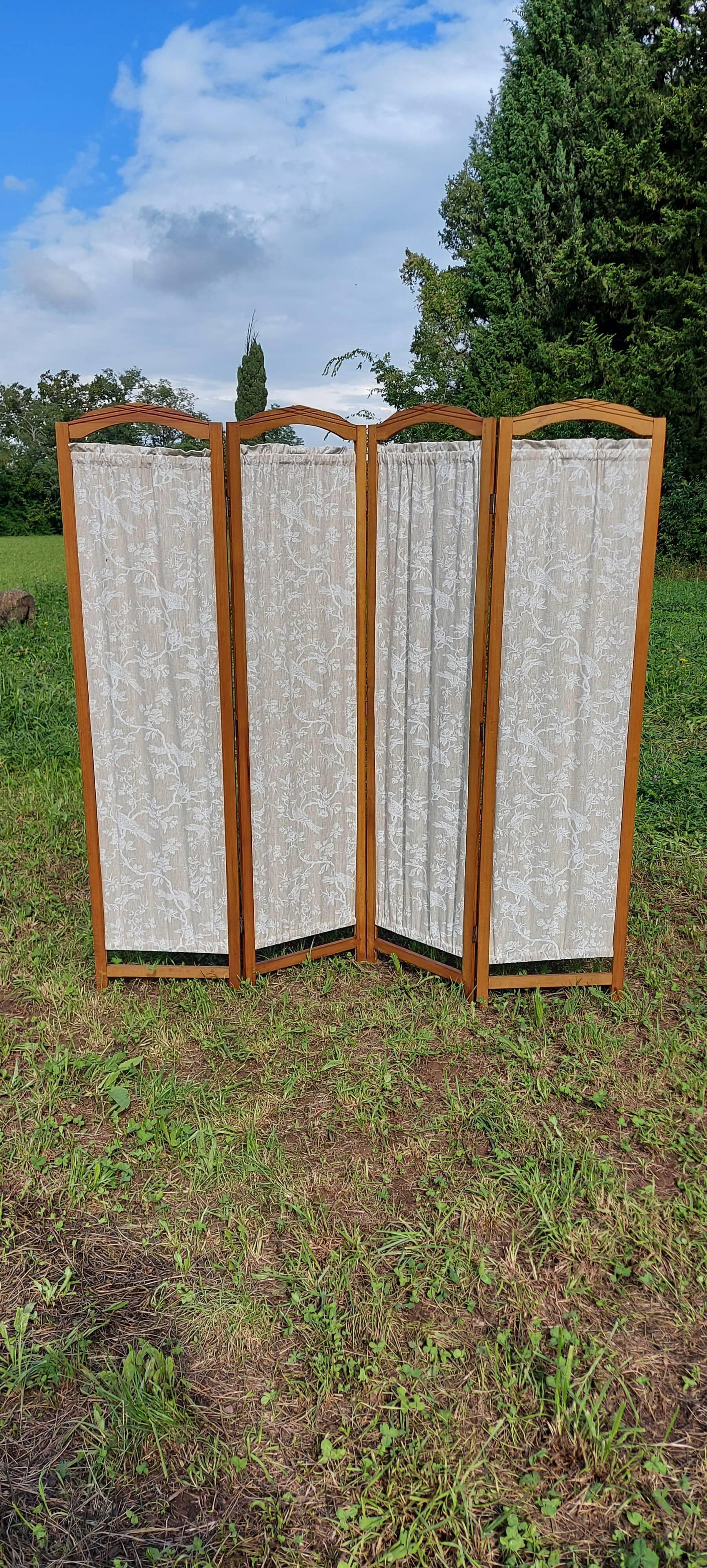 Paravent bois et tissu 4 panneaux