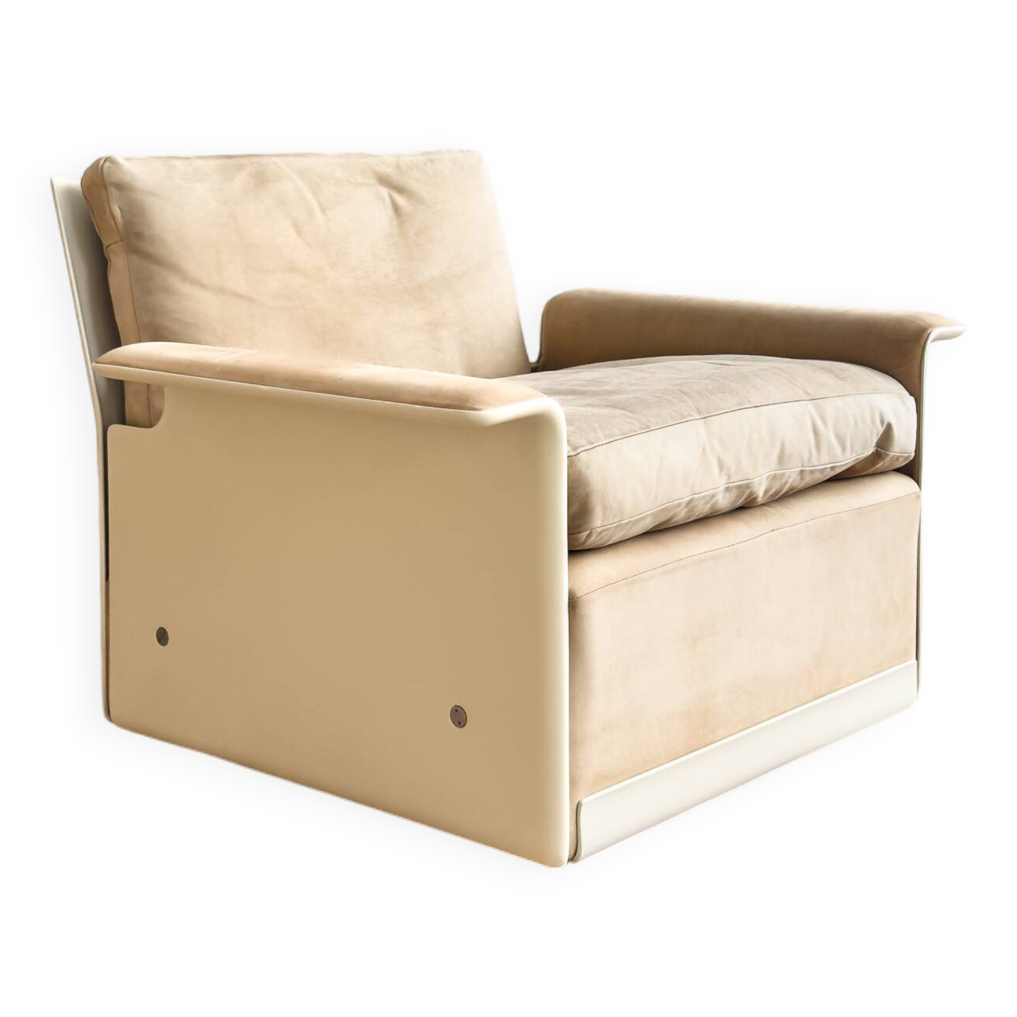 Fauteuil design 620 en cuir suédé beige par Dieter Rams, Vitsœ, Mid-Century