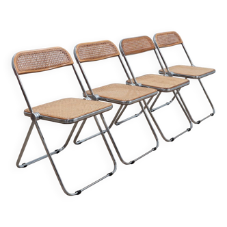 Set de 4 chaises Plia en bois et paille de Vienne par Castelli des années 1970.