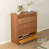 Classic shoe cabinet from the 1960s, walnut veneer, four drop-down doors, two drawers