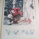 Old Color Lithograph Still Life Numbered & Signed + Golden Frame #A688