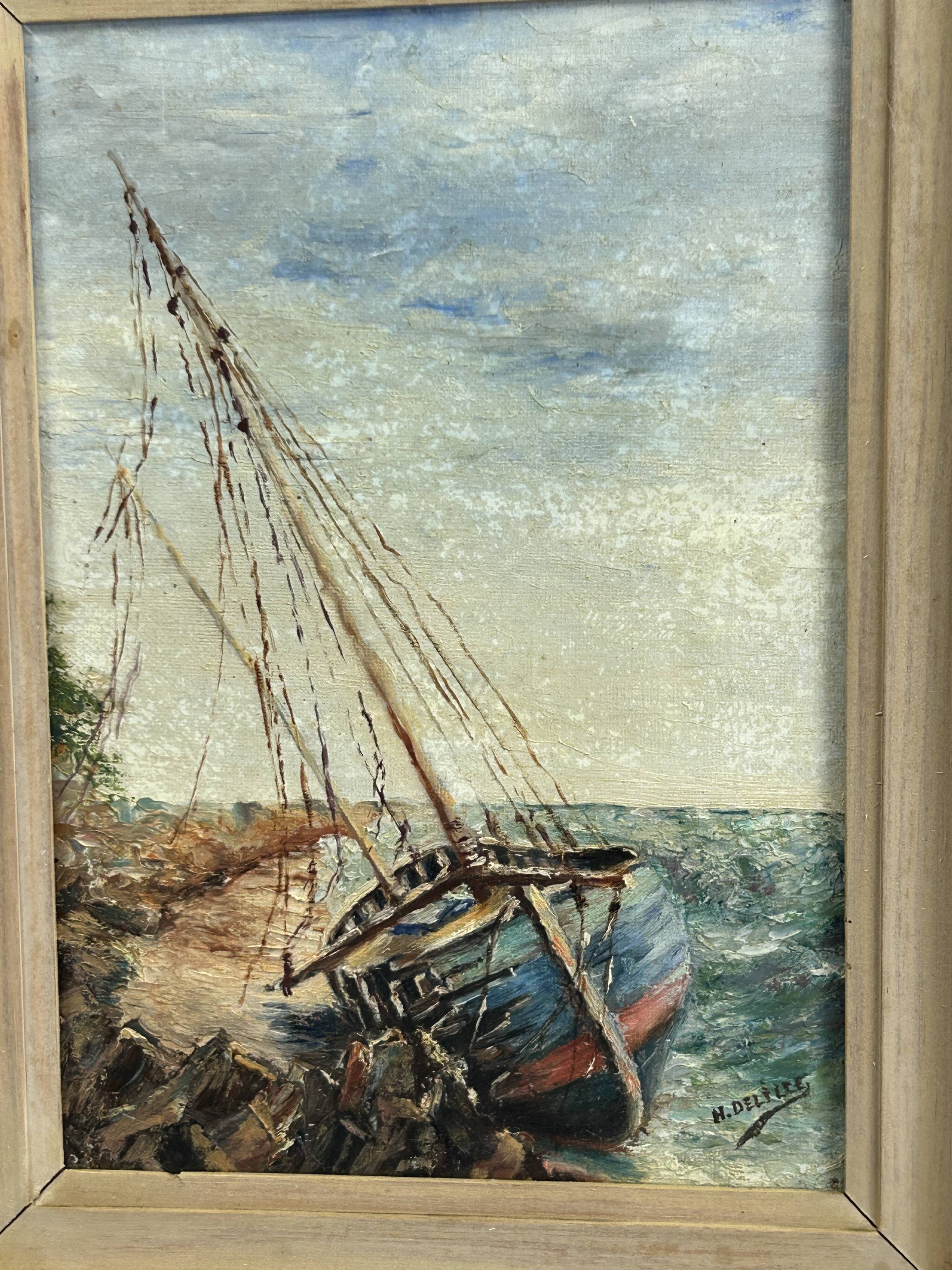 Oil on canvas Boat at the coast of Etel Damgan, Morbihan - H. Delille