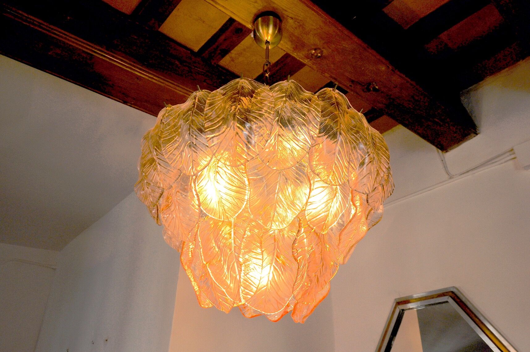 Chandelier "Leaves" murano mazzega, pink glass, italy, 1960