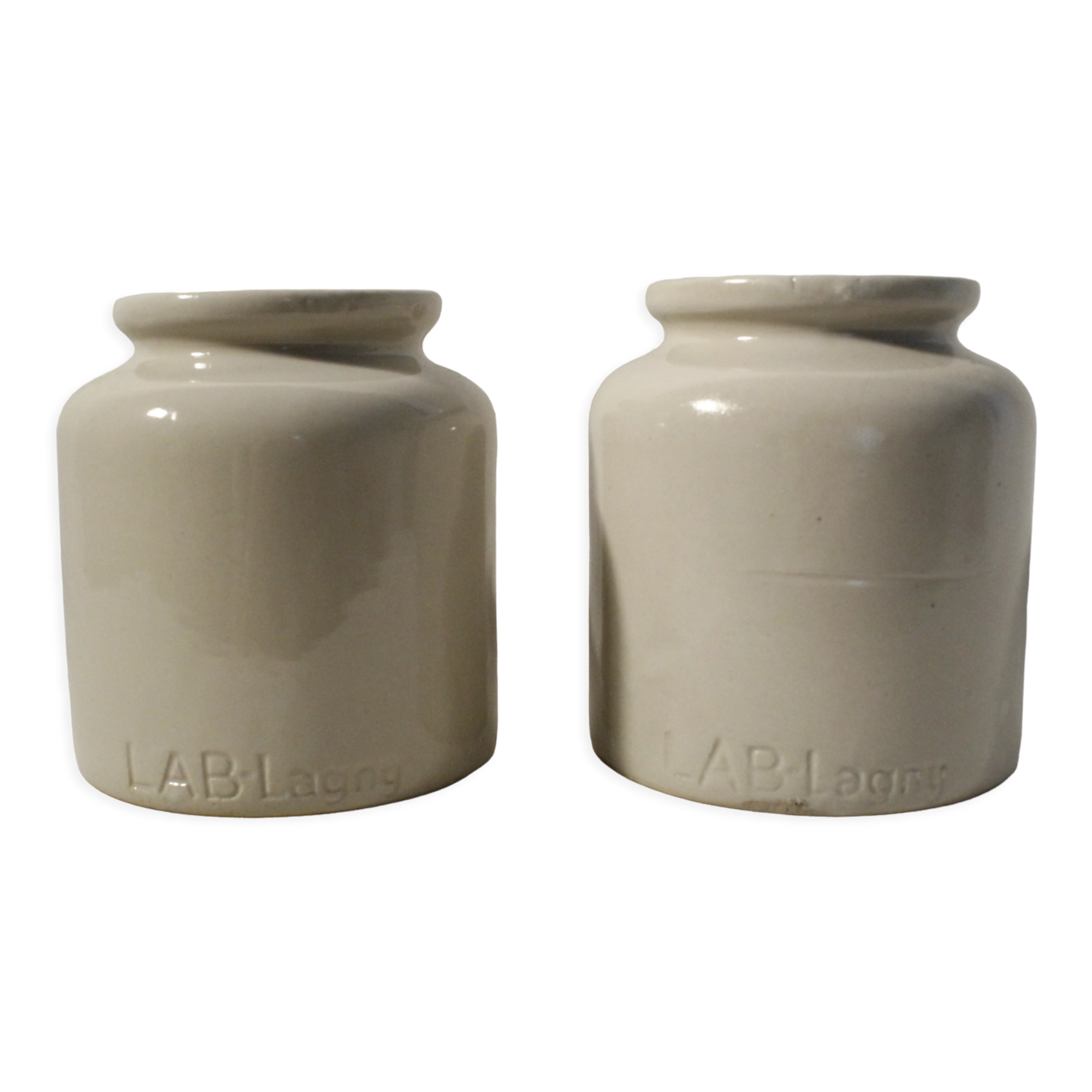 Vintage LAB-Lagny mustard pot in beige glazed stoneware (x2)