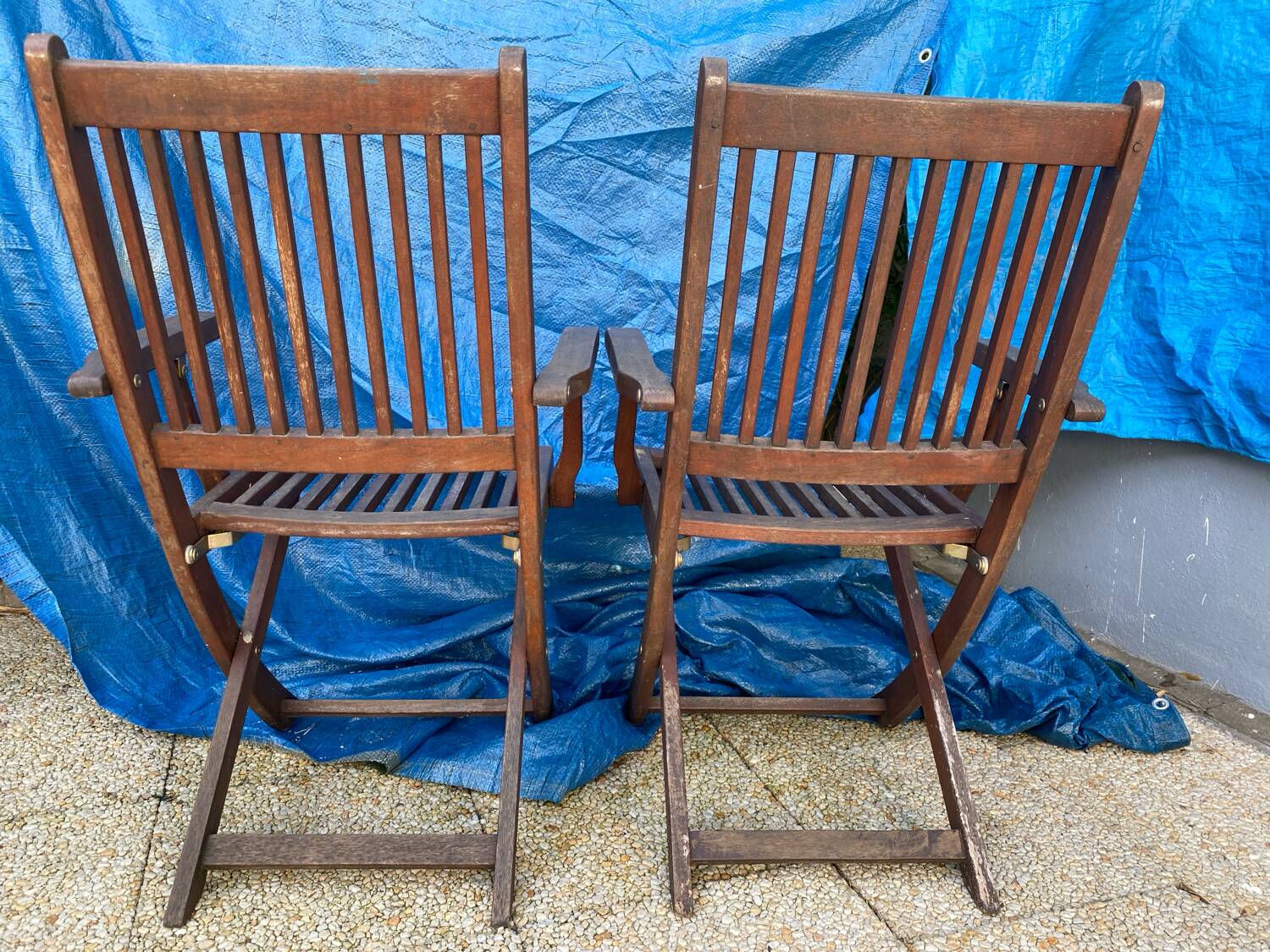Set of 4 folding chairs/armchairs with armrests in exotic wood