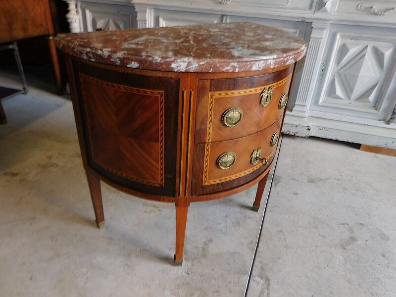 Chest of drawers half moon in marquetry 2 drawers marble top late nineteenth century