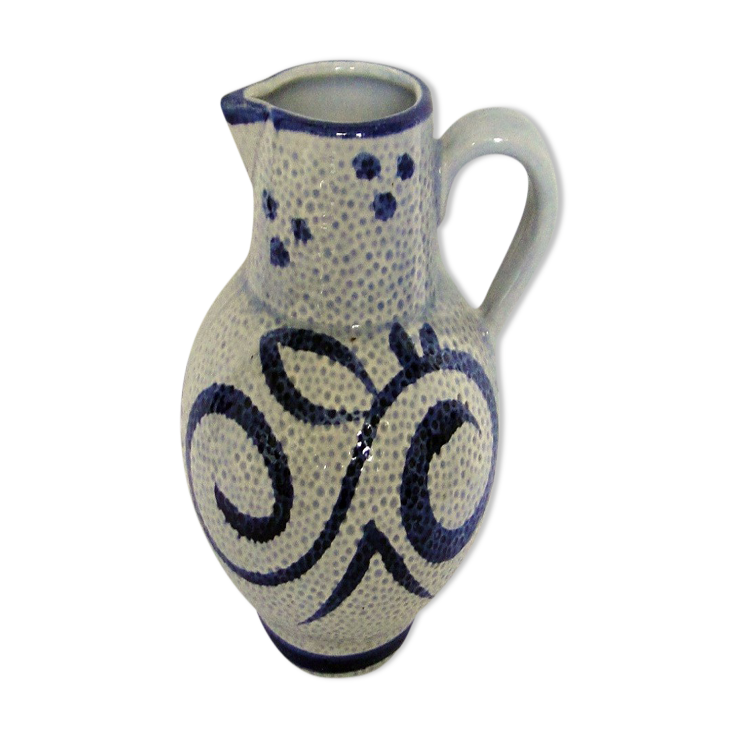 Wine or water jug, grey stoneware, blue decor