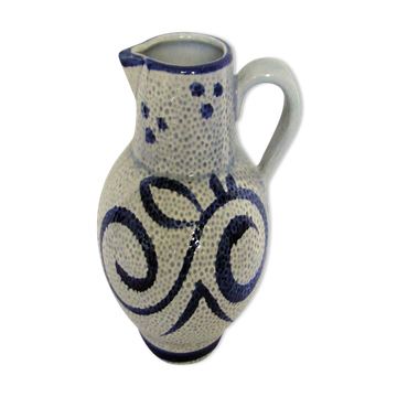 Wine or water jug, grey stoneware, blue decor