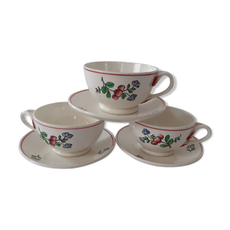3 cups and sub-cups gien faience old decoration flowers