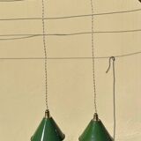 Pair of vintage industrial retro conical enamelled sheet metal pendant lights