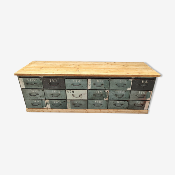 Old workshop furniture twelve drawers green patina