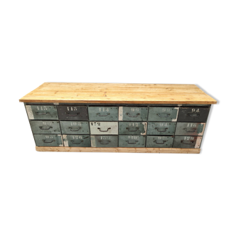 Old workshop furniture twelve drawers green patina