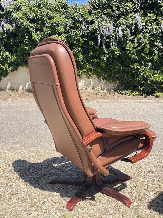 Scandinavian brown leather recliner lounge chair with ottoman, circa 1990