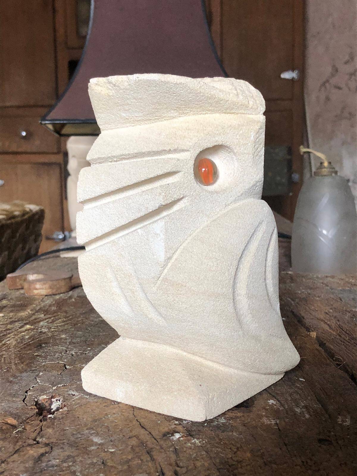 Pair of stone owl sculptures, vintage owl, owl lamp signed