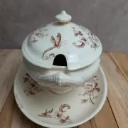 Antique sauce boat in ironstone from Salins – Sepia dragonfly decoration – With lid